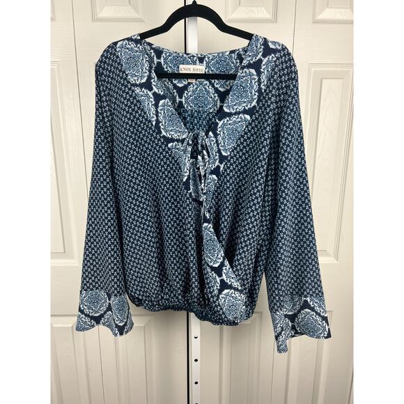 Know Rose Blue Floral Flare Sleeve Tie Wrap Blouse Top Mixed Prints XL - Picture 8 of 9